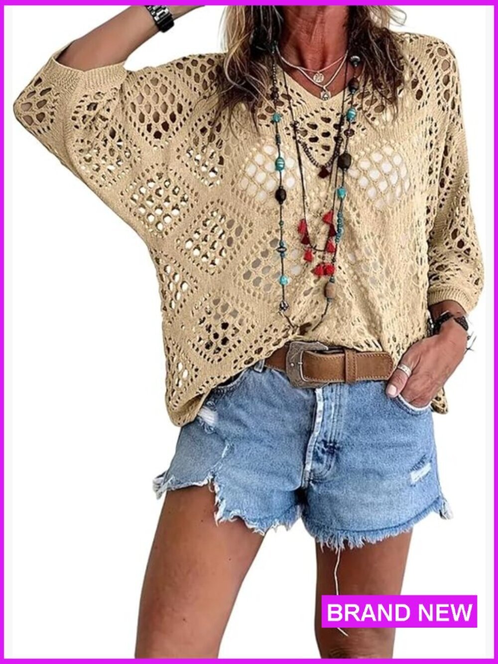 Crochet Long Sleeve Boho Beach Cover Up Sweater Sexy V-Neck Lightweight Tunic